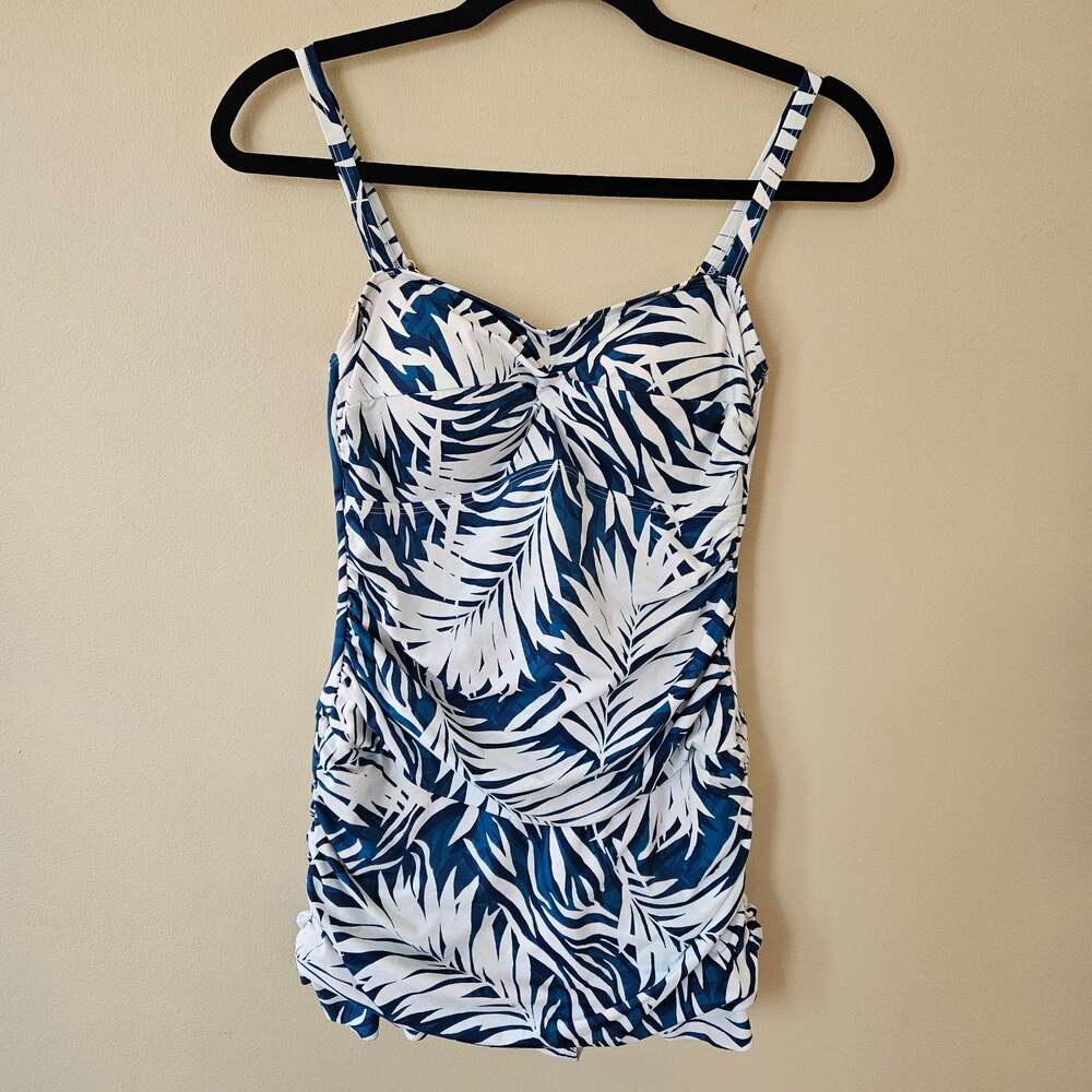 Kim Gravel x Swimsuits for All Skirted One Piece, Size 8 Blue Palm Print Retro